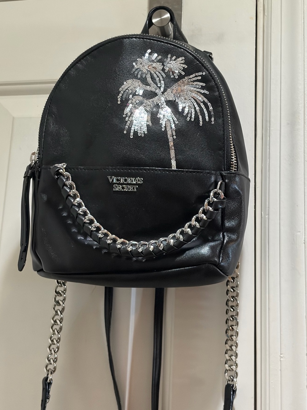 Victoria's Secret Black Mini Backpack with Silver Chain and Palm Accent - Picture 1 of 16